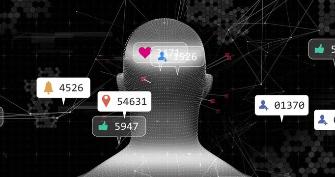 Monochrome dotted head rotating after glitch, showing social badges spawning around hex grid