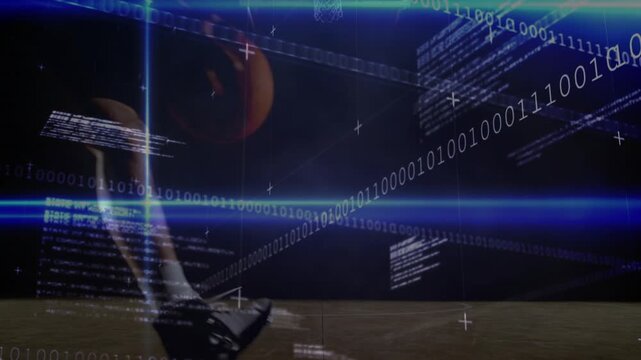 Male athlete dribbling into jump and driving to dunk for sports tech, binary code wrapping player