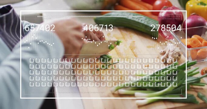 Senior woman placing scallion and chopping on board for food, HUD appearing updating counters grid