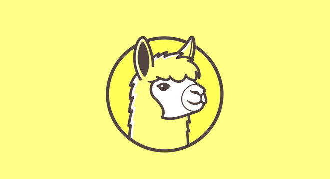Cute cartoon llama head illustration in a yellow circle. Adorable furry animal icon or avatar design with a friendly expression.