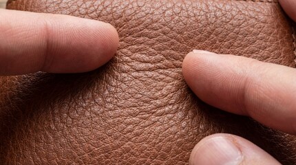 Fototapeta premium Macro Close Up of Fingers Feeling the Texture of a High-Quality Brown Leather Wallet on a Wooden Surface