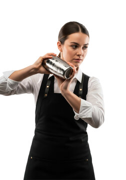 Young caucasian female bartender in a waistcoat shaking a steel cocktail shaker against a white background with copy space. Concept of expert mixology