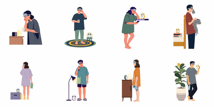 Set of tired characters suffering from insomnia and sleep deprivation, featuring various people in pajamas with alarm clocks and sleep masks.