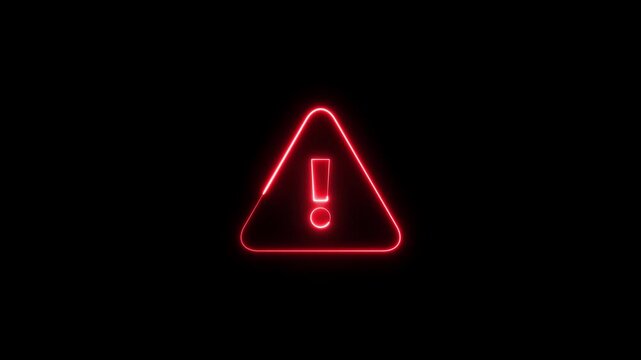 Glowing neon Warning attention icon signal , alert , risk , safety, danger road warning sign animated 4k vide on on black background, danger risk alert road warning sign stop error signal sign