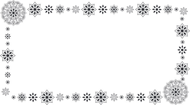 マンダラと花のモチーフをあしらったエスニックなモノクロ装飾長方形フレーム