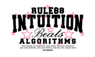 Intuition beats algorithms motivational typography design featuring black arched varsity letters and distressed grainy texture for graphic tee, t-shirts, hat, and poster design 2026  © AKSNA