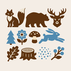 Fototapeta premium Collection of woodland animals and forest nature elements in flat design graphic style with earthy tones.