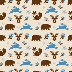 Obraz premium Scandinavian style seamless flat design graphic featuring forest animals berries and oak leaves on a beige background for textile and wallpaper print.