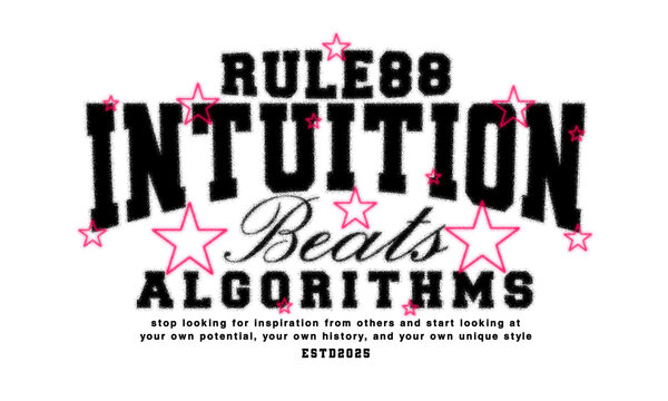 Intuition beats algorithms motivational typography design featuring black arched varsity letters and distressed grainy texture for graphic tee, t-shirts, hat, and poster design 2026 