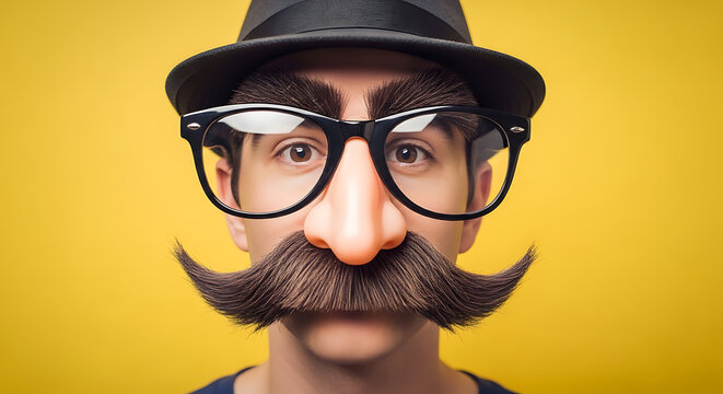 Close up of a man wearing oversized novelty glasses and mustache on transparent background