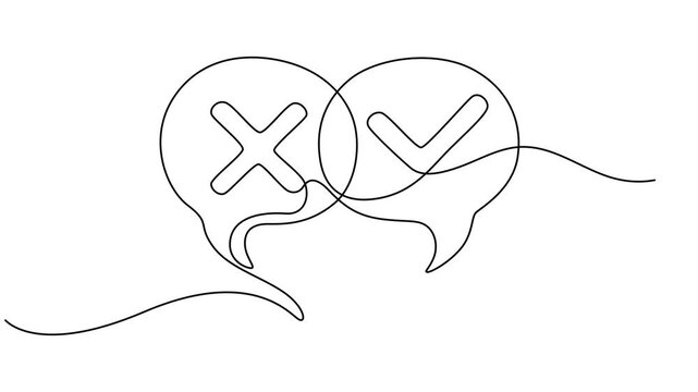 Check Mark and Cross Mark in Speech Bubbles animation continuous one line drawing, Full length one line 4k animation video, Speech bubbles with checkmark. Feedback, talk, confirmation, approval, pro.