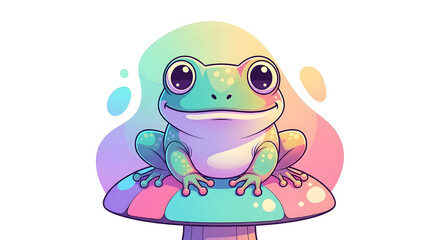 Fototapeta premium Cute Cartoon Frog Sitting on a Colorful Mushroom Illustration in Pastel Rainbow Colors