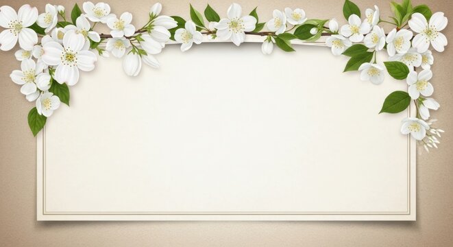 Floral frame with white blossoms and green leaves on a blank cream background