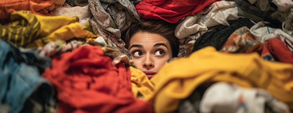 Young woman peeking out from a pile of colorful, messy clothes, concept of clothing clutter or excess  