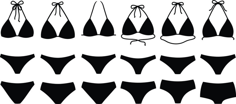 Black Vector Bikini Icons Set Featuring Various Halter Tops and Swimsuit Bottoms Silhouettes for Summer Fashion Design and Beachwear Flat Illustrations