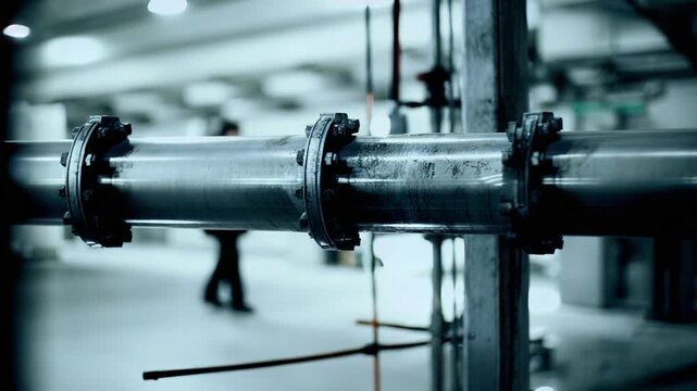 Industrial metal pipe with a bolted flange connection in a factory, representing engineering, plumbing, production, and mechanical technology in a modern manufacturing environment
