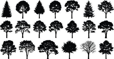 Silhouette collection of diverse tree shapes, black forest outlines, botanical variety, coniferous and deciduous forms, natural landscape illustration, isolated vector design © Sadaqul