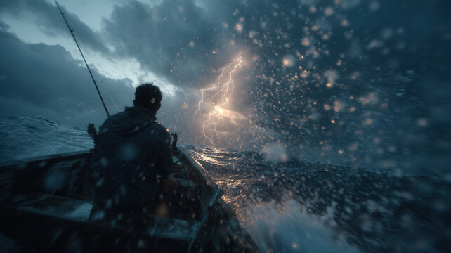 Lone fisherman in a small boat during a dramatic stormy sea with lightning in the dark sky.