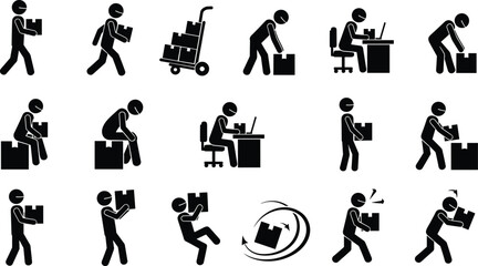 Obraz premium Stick figure icons, manual labor, office work, lifting boxes, pushing hand truck, computer desk, workplace safety, ergonomic posture, occupational activity illustration