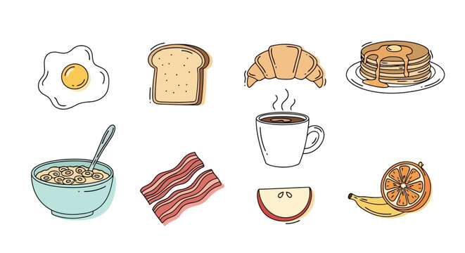Cute Doodle Style Breakfast Food and Drink Elements Set Hand Drawn Morning Meal Icons Collection