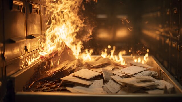 Close-up of a single folded note on a black plate, engulfed in vivid flame, tiny ash particles drifting into the dark