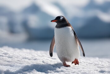 Fototapeta premium Close up portrait of single gentoo penguin walking on soft white snow with blurred icy background showcasing orange beak and black feet