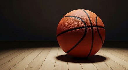 Obraz premium A classic basketball resting on a polished indoor court with a striking orange and deep red design