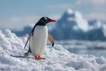 Fototapeta premium Gentoo penguin stands on vast expanse of snow, its vibrant orange beak contrasting with pristine white and icy blue backdrop