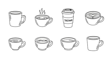 Fototapeta premium Assorted Hand Drawn Coffee Cups and Mugs Doodle Line Art Set