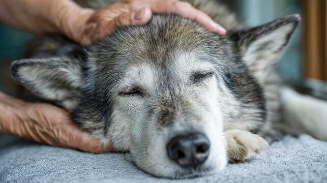 Veterinarian hands gently massaging relaxed senior Alaskan Malamute dog lying on table, pet physiotherapy and animal care
