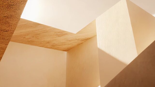 Abstract architecture presenting a minimalist composition of intersecting walls, geometric shapes, and dynamic light patterns, creating a warm and calming modern background