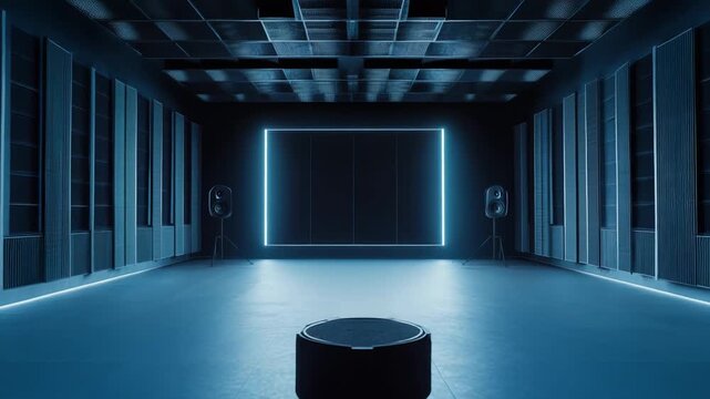 Empty futuristic studio interior featuring acoustic wall panels, speakers on stands, glowing neon light rectangle, and a modern control console creating a contemporary audio experience