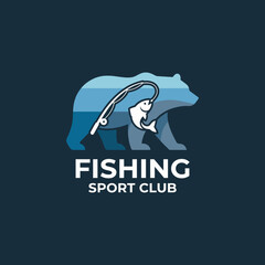 An artistic logo design featuring a stylized bear holding a fishing rod, representing a fishing sport club with a modern aesthetic and outdoor adventure spirit.