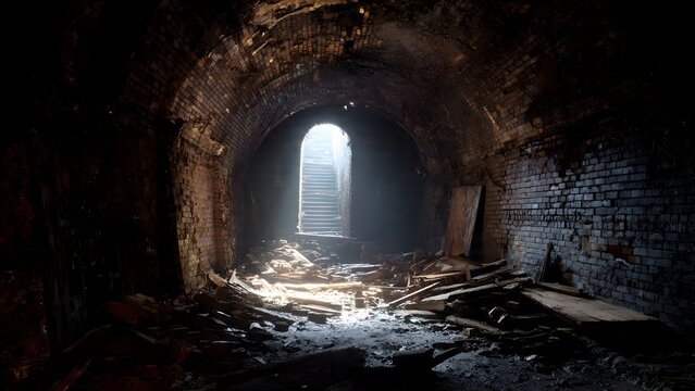 Bleak burned industrial loft with blackened brick perimeter and a tangled skeleton of collapsed, deeply charred wooden beams on ashen rubble floor