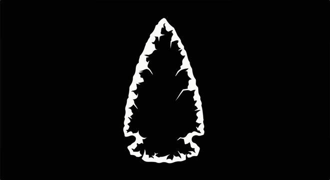 White arrowhead silhouette on a stark black background, detailed edges