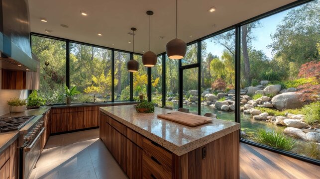 Modern kitchen interior design with large windows showcasing natural scenery and stylish lighting fixtures