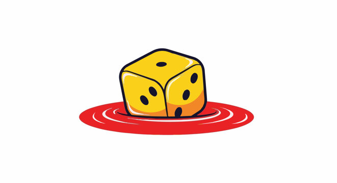 A yellow die with black dots rests in a red pool with ripples