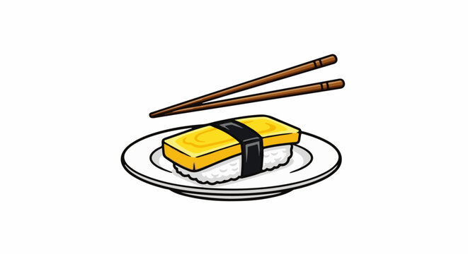 A cartoon-style sushi dish with an egg topping and chopsticks rests on a white plate