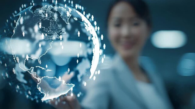 ホログラムで人材分析を行う日本人のビジネスウーマン