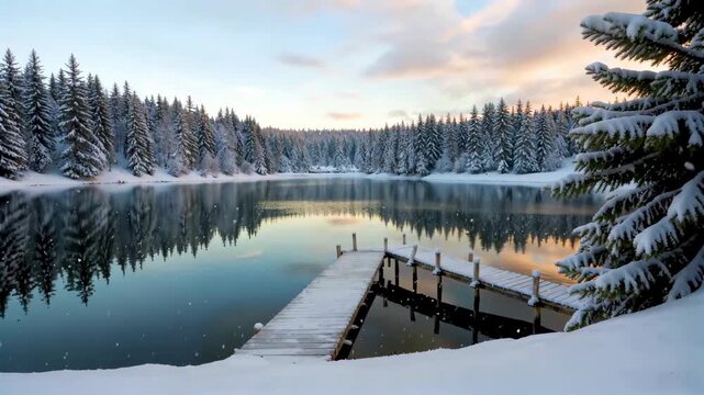 Landscape of forest lake and wooden trestle after snow
