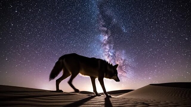Maned wolf walks beneath a starry desert night sky