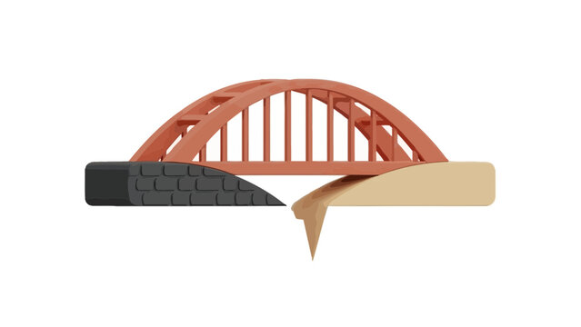 An old wooden bridge arches over the river landscape where historic timber architecture meets the modern steel construction of a transport landmark.