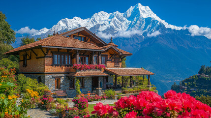 Obraz premium Picturesque traditional brick and stone mountain lodge surrounded by vibrant blooming flowers with towering, snow-capped Himalayan peaks under clear blue sky