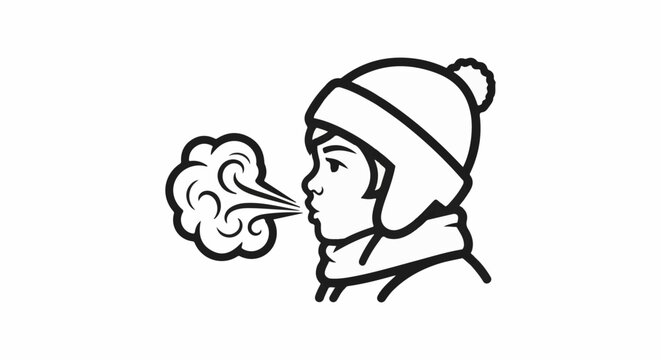 Person in warm hat and scarf exhaling frosty breath