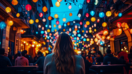 Fototapeta premium Solitary figure gazes up at vibrant street scene illuminated by countless colorful lanterns, creating magical evening ambiance with blurred figures enjoying festive atmosphere below.