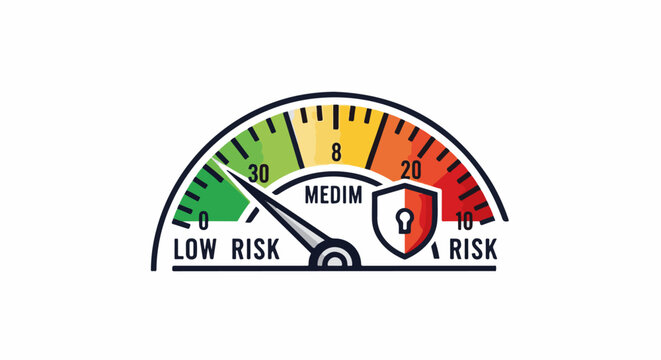 A stylized gauge indicates risk levels from low to high with a needle pointing to low