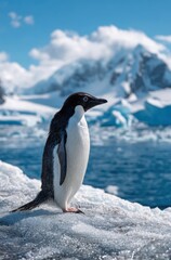 Fototapeta premium Adelie penguin stands on ice floe in antarctic water with stunning snowy mountains background under clear blue sky