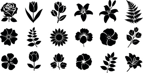 Collection of black floral and leaf silhouette flower rose 1 tulip lily fern © Graphic Shops