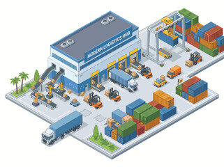 Obraz premium An isometric view of a busy logistics hub showcases trucks, containers, and automated handling systems, emphasizing efficiency and organization in supply chain management.