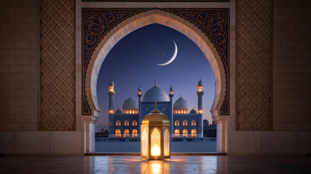 View through archway to mosque with crescent moon and lantern
